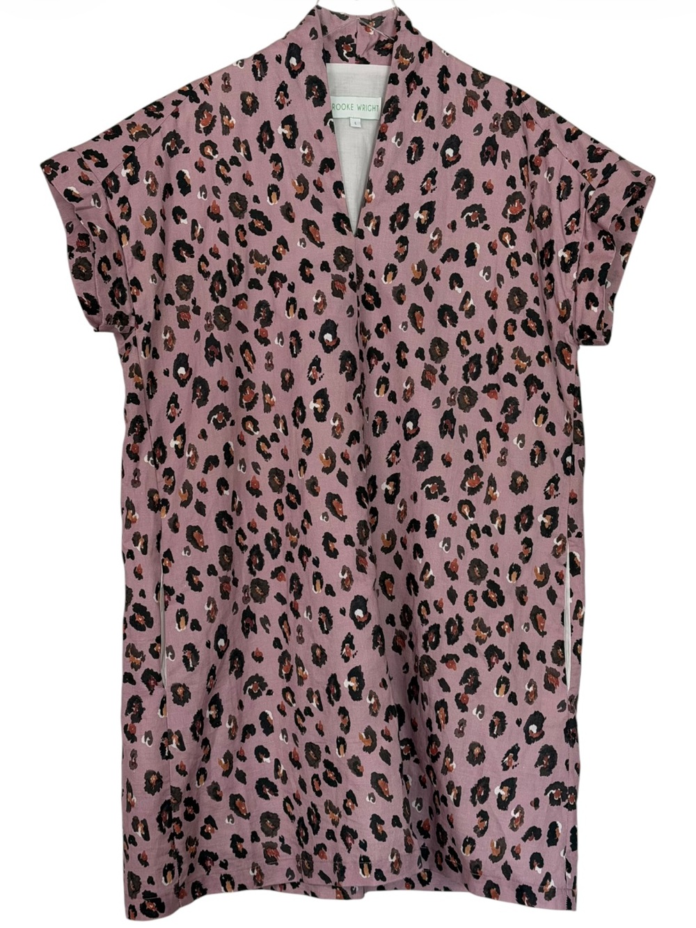 Brooke Wright Nancy Linen Blend Shift Mini Dress in Mauve Leopard Size L US 8-10